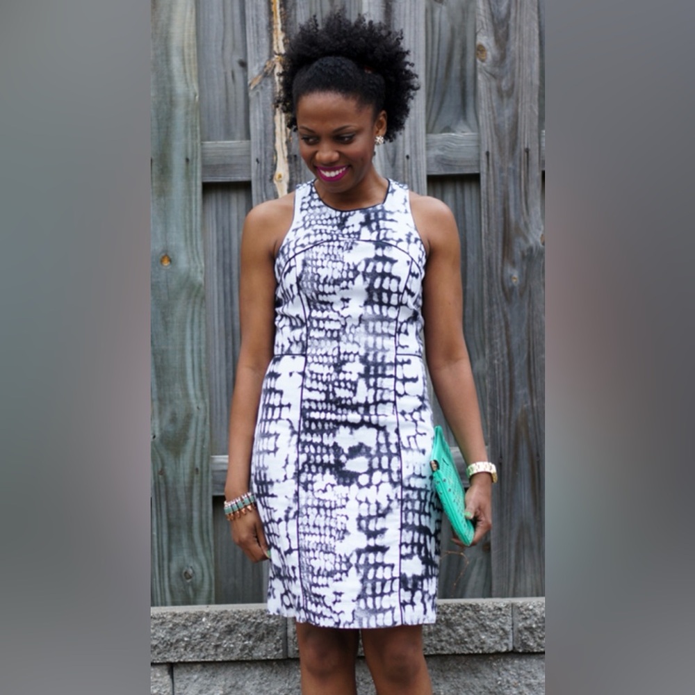 Cynthia Rowley Monochrome Patterned Hi-Neck Racerback Linen Summer Mini Dress